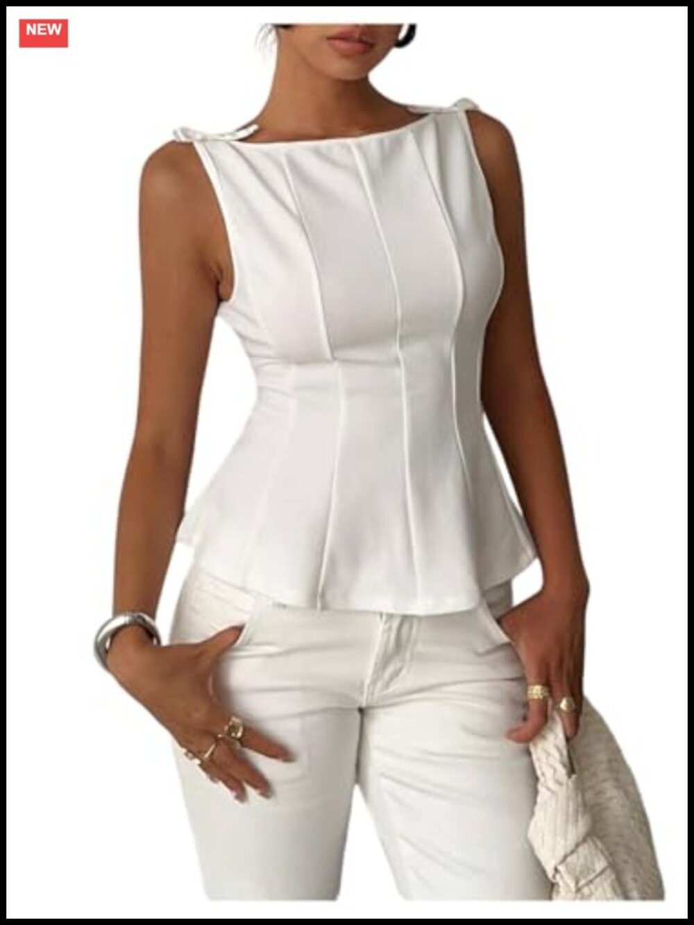 Women's Elegant Bow Peplum Tank Top with Boat Neck - Sleeveless Dressy Top